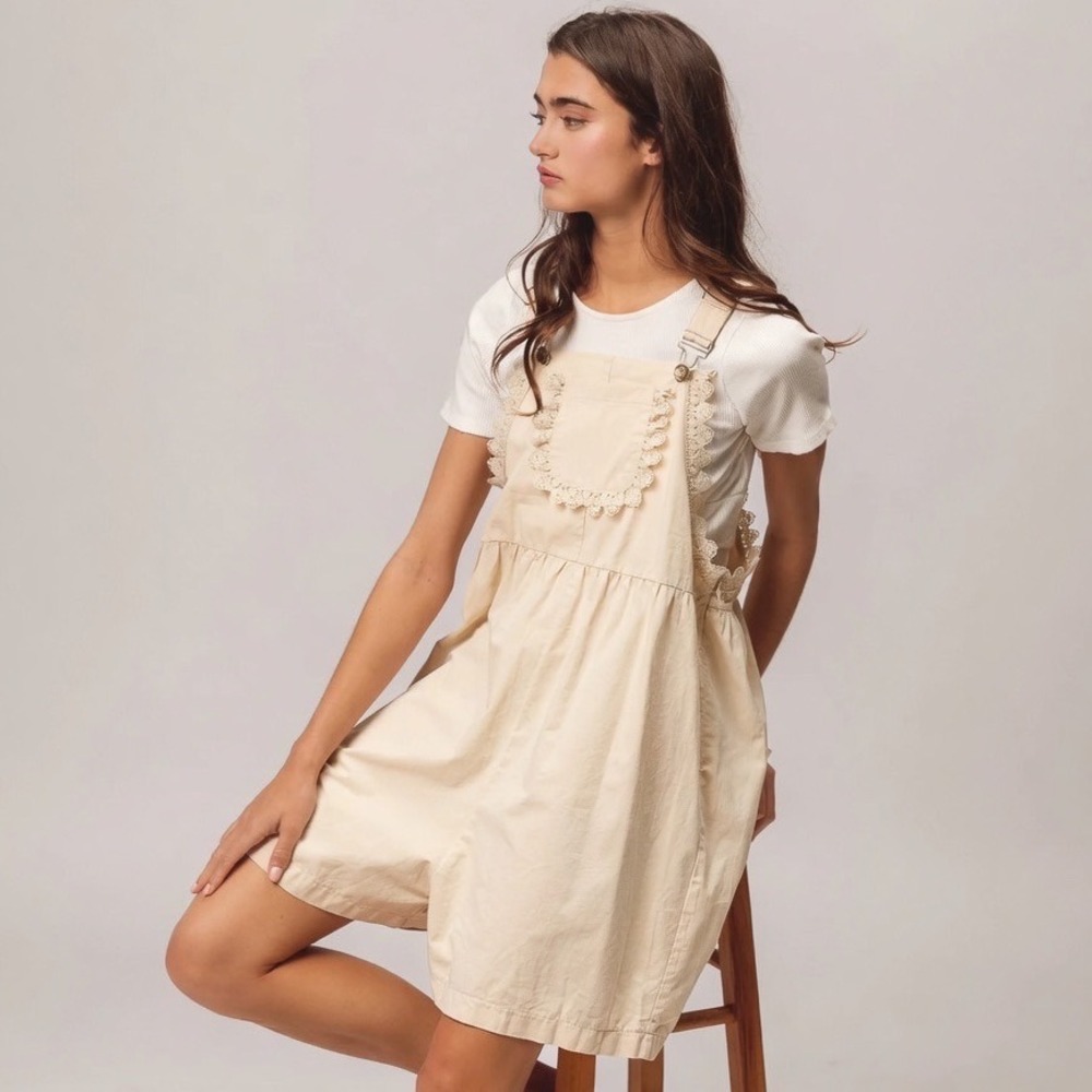 BIBI Romper XL Tan Beige Lace‎ Trim Cotton Bib Overall Jumper Cottagecore Boho